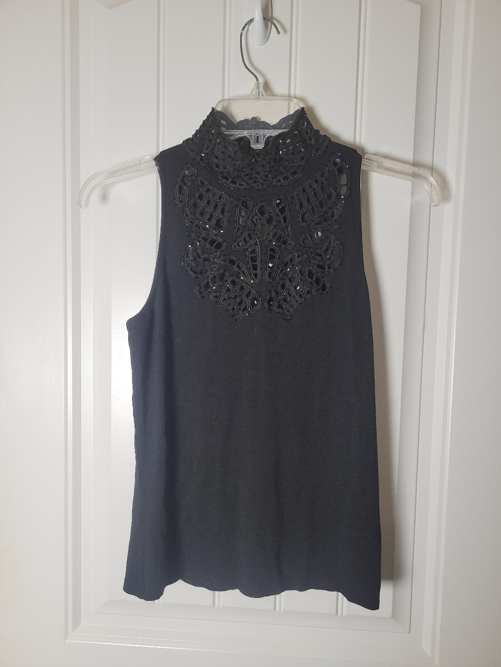 Cache black sleeveless Mock Neck Top with Lace Appliqué with zipper on back.